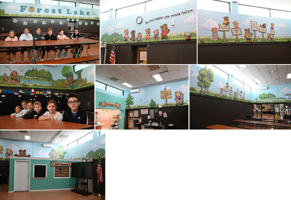 A collage of seven images shows a school room with a forest-themed mural, students sitting at tables, and educational displays.